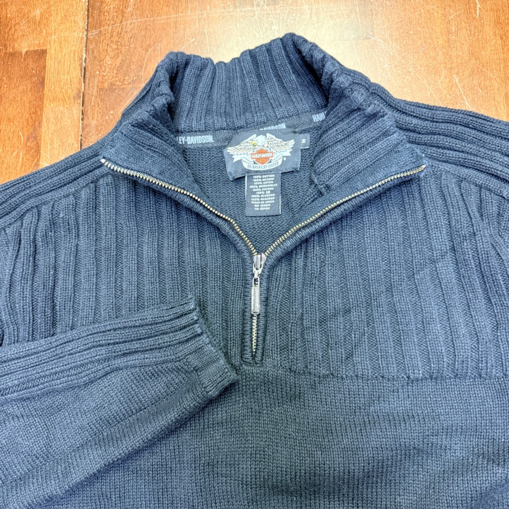 Harley-Davidson 1/4 Zip Sweater Mens Medium Black Cotton‎ Ribbed Knit Pullover